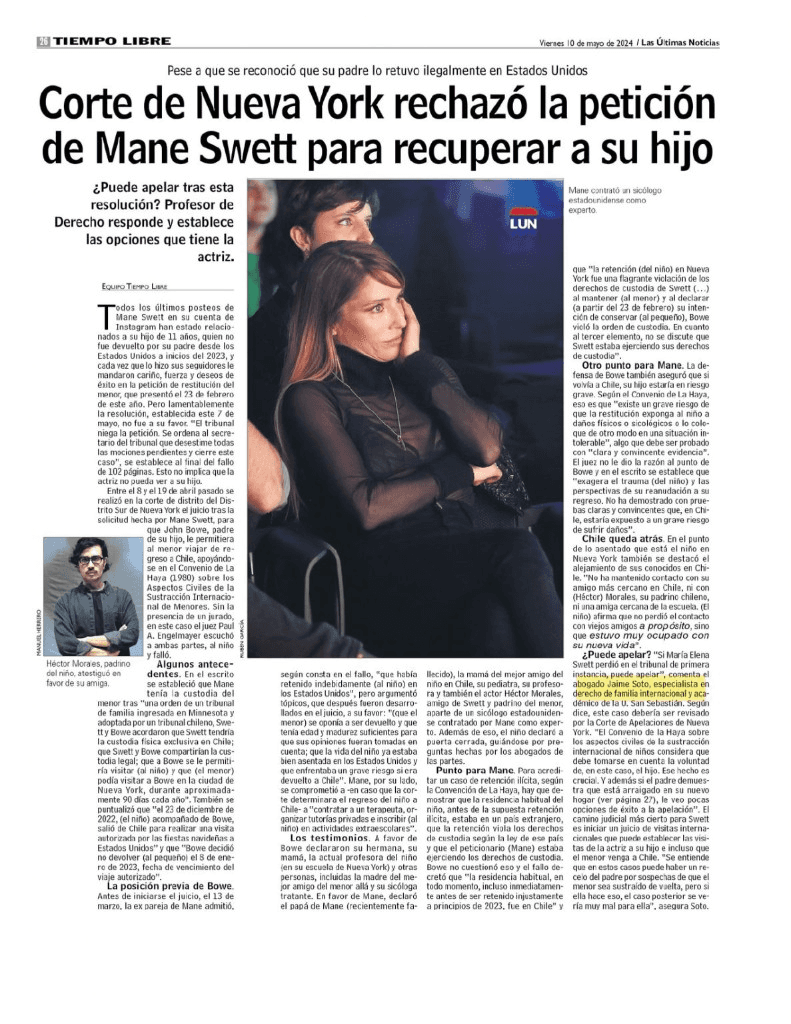 Recorte de prensa: Corte de Nueva York rechazó la petición de Mane Swett para recuperar a su hijo